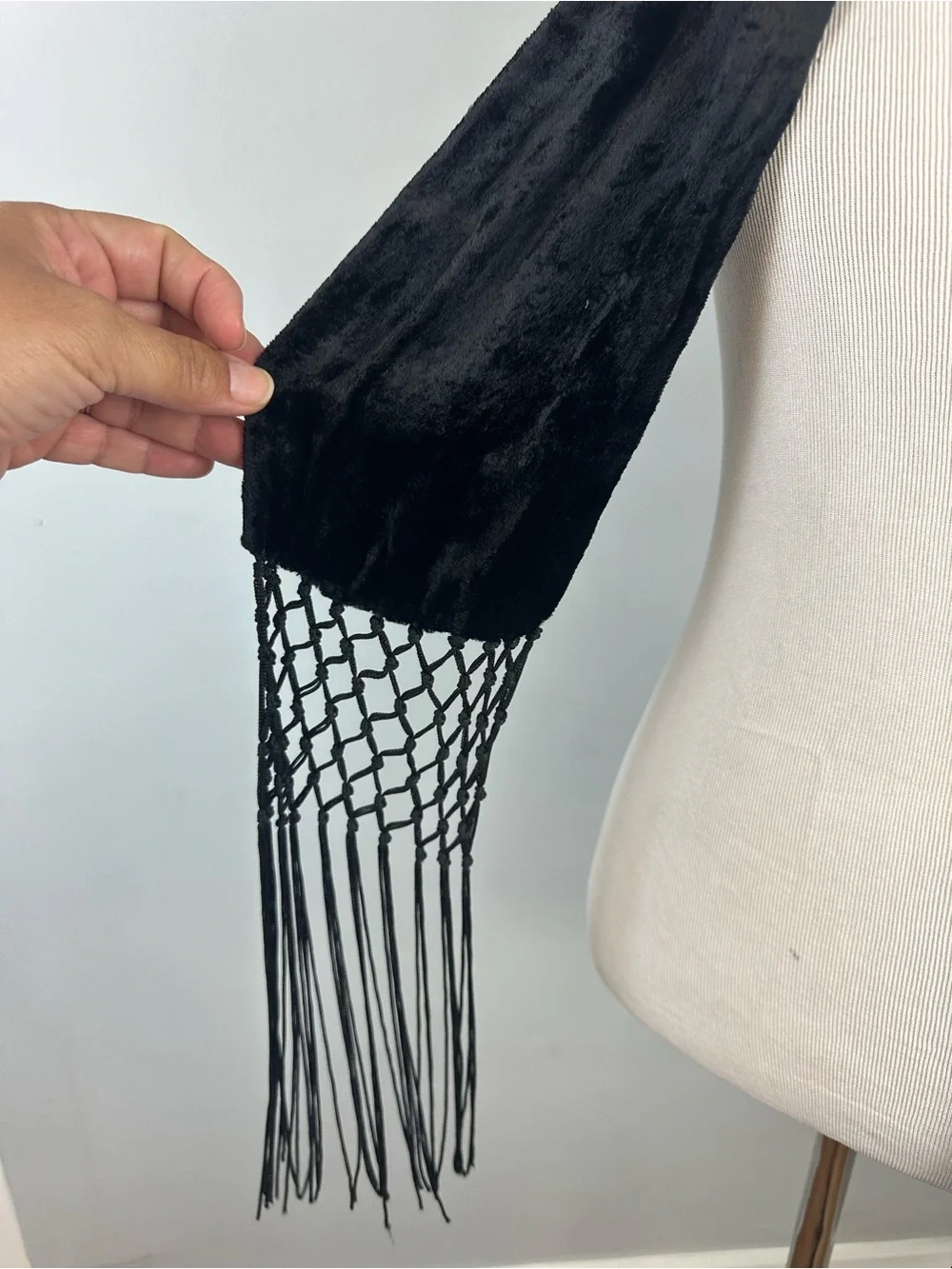 Black Velvet Scarf With Crocheted MacrameLong Tassel Fringe